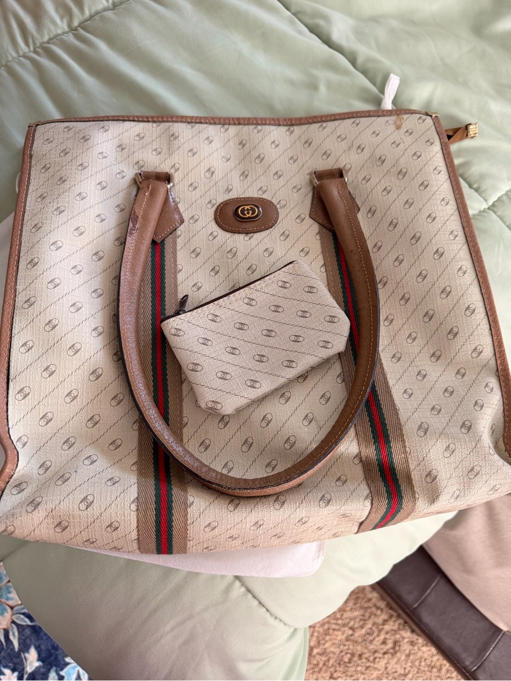 Gucci Beige Canvas Tote with Brown Trim and Green-Red Web Stripe